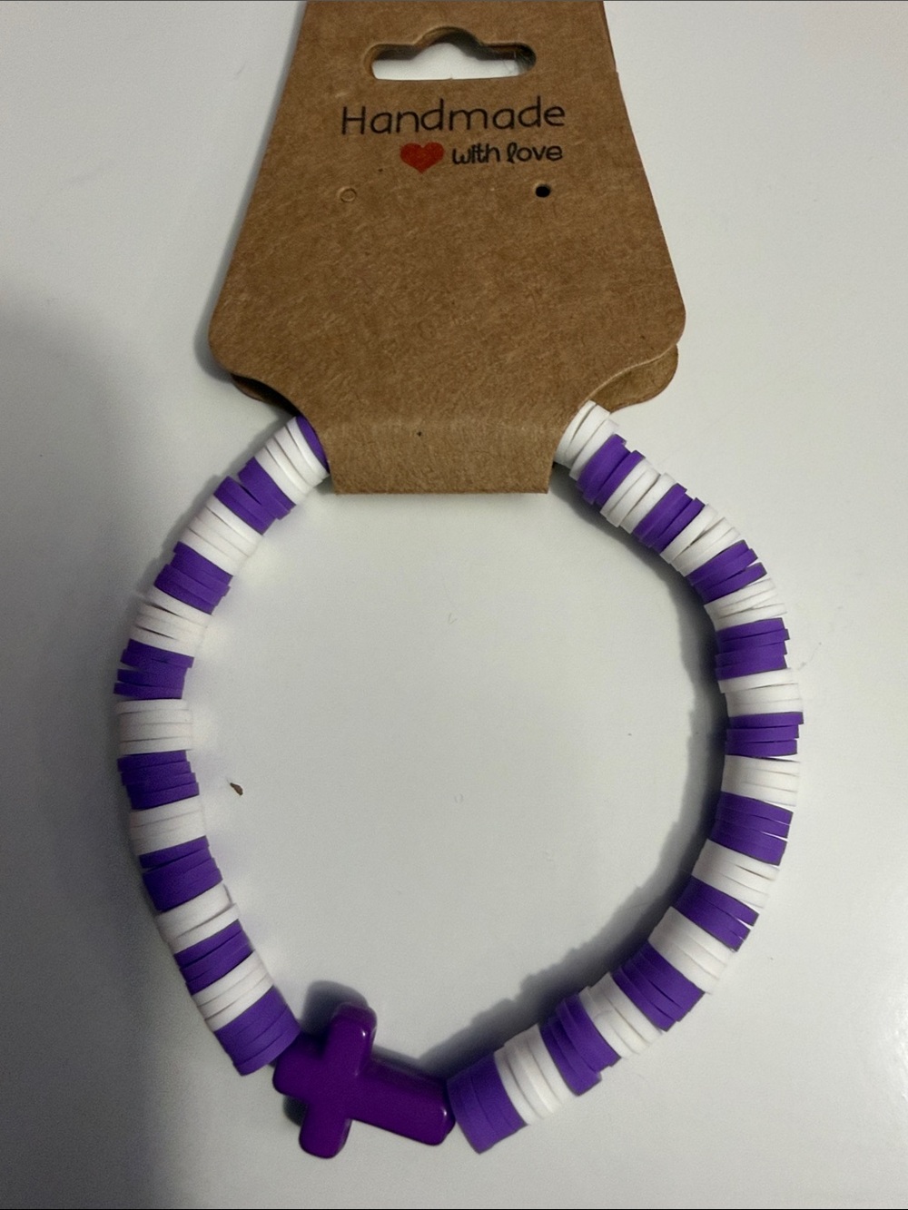 Handmade Kids Purple & White Cross Bead Stretch Bracelet